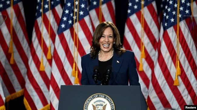 U.S. Vice President Kamala Harris reacts during a campaign event at West Allis Central High School, in West Allis, Wisconsin, July 23, 2024.