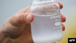 A sample of removed carbon in the solid form of calcium carbonate and magnesium hydroxide is displayed during a briefing about UCLA's SeaChange project at the Port of Los Angeles in San Pedro, California on April 12, 2023. 