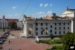 A Russian attack damaged the Taras Shevchenko Chernihiv Regional Academic Music and Drama Theatre in Chernihiv, Ukraine, Aug. 19, 2023.