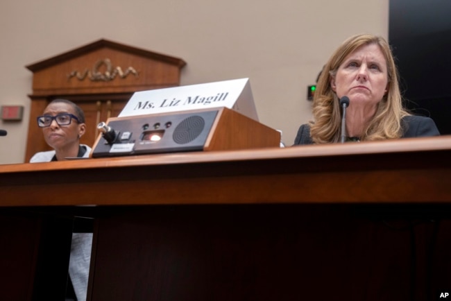 FILE - Then-University of Pennsylvania President Liz Magill listens during a hearing of the House Committee on Education on Capitol Hill, Dec. 5, 2023, in Washington. She resigned after criticism of her answer on antisemitism on campus. (AP Photo/Mark Schiefelbein)