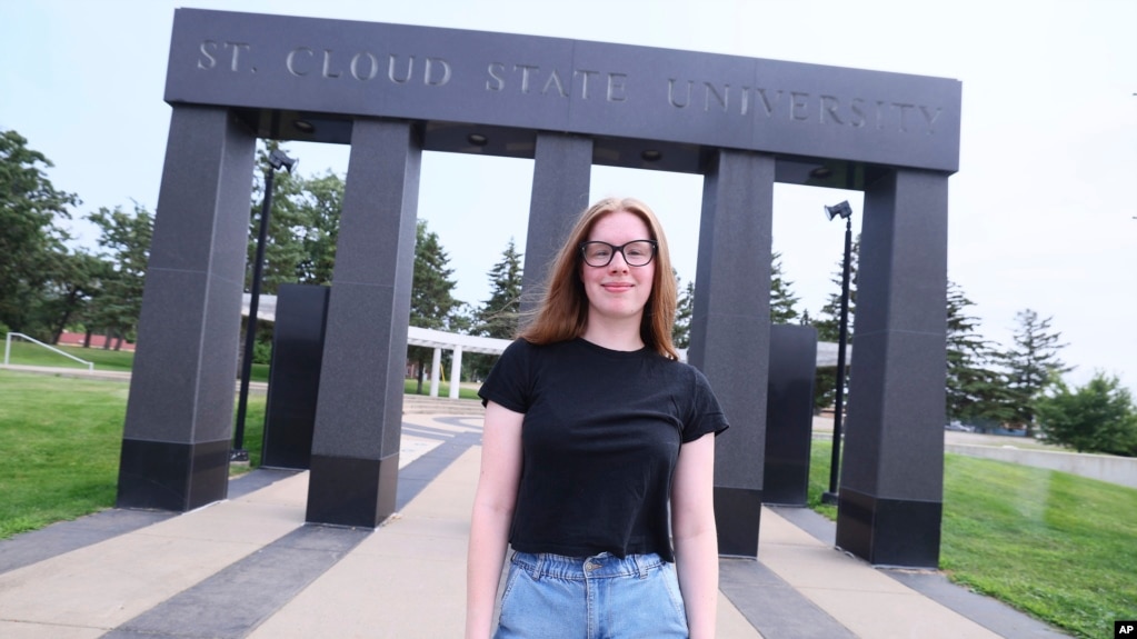 University student Christina Westman poses at St. Cloud State University, Tuesday, July 30, 2024, in St. Cloud, Minn. (AP Photo/Adam Bettcher)