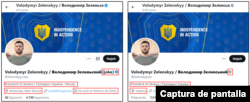 Comparación entre el perfil parodia de Zelenskyy (izquierda) y la cuenta real (derecha).