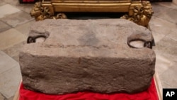 The Stone of Destiny is seen during a welcome ceremony ahead of the coronation of Britain's King Charles III, in Westminster Abbey, London, April 29, 2023.