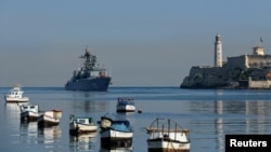 FILE - A ship from Russia's Baltic Fleet enters Havana's bay, in Havana, Cuba, July 27, 2024.