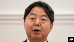 Japanese Foreign Minister Yoshimasa Hayashi speaks to reporters after talks with his Sri Lankan counterpart in Colombo, July 29, 2023. He said Aug. 3 in Ethiopia that he hoped Tokyo and Addis Ababa could facilitate resumption of the Black Sea grain deal.
