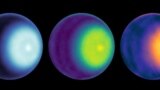 FILE - NASA scientists uses microwave observations to spot the first polar cyclone on Uranus, seen here as a light-colored dot to the right of center in each image of the planet, in this handout image released on May 25, 2023. (NASA/JPL-Caltech/VLA/Handout via REUTERS)