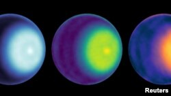 FILE - NASA scientists uses microwave observations to spot the first polar cyclone on Uranus, seen here as a light-colored dot to the right of center in each image of the planet, in this handout image released on May 25, 2023. (NASA/JPL-Caltech/VLA/Handout via REUTERS)