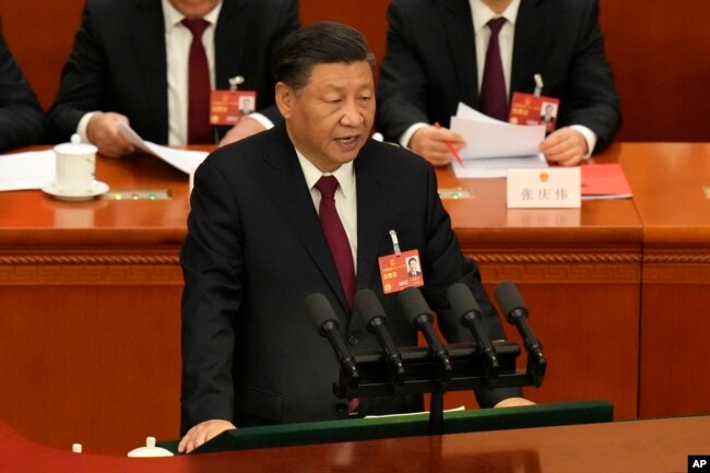 中国领导人习近平在全国人大闭幕式上讲话。（2023年3月13日）