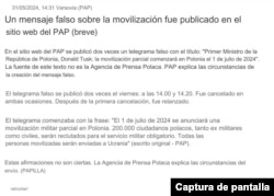 Captura traducida del comunicado del PAP sobre el falso anuncio de movilización.