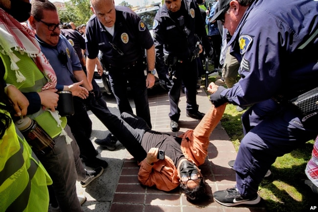 A University of Southern California protester is detained by USC Department of Public Safety officers during a pro-Palestinian occupation at the campus' Alumni Park on Wednesday, April 24, 2024 in Los Angeles. (AP Photo/Richard Vogel)