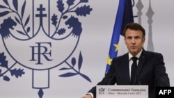 French President Emmanuel Macron speaks during a meeting with China's French community at the residence of France's ambassador in Beijing, Apr. 5, 2023. 