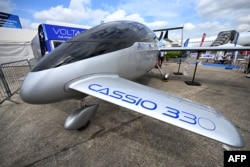 This photograph taken on June 19, 2023 shows the hybrid electric aircraft Voltaero Cassio 330 displayed at the International Paris Air Show at Le Bourget Airport.