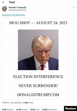 A post by former U.S. President Donald Trump of his police booking mugshot is seen in this screenshot from Aug. 24, 2023. (@realDonaldTrump via X and Fulton County Sheriff’s Office/via Reuters)