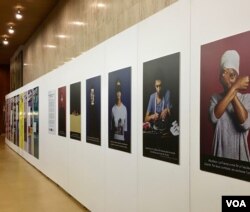Posters at UNESCO dealing with discrimination. The Paris-based UN agency has a raft of programs dealing with the environment, culture and science. (Lisa Bryant/VOA)