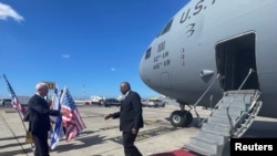 U.S. Defence Secretary Lloyd Austin is greeted by Israeli Defence Minister Yoav Gallant at Ben Gurion Airport, Israel, March 9, 2023. 