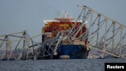 A view of the Dali cargo vessel that crashed into the Francis Scott Key Bridge, causing it to collapse, in Baltimore on March 26, 2024.