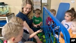 Rylee Monn bermain bersama anak-anak di sebuah pusat penitipan anak di Lexington, Kentucky, Rabu, 13 Maret 2024. (AP/Dylan Lovan)