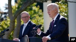 FILE - President Joe Biden and Australia's Prime Minister Anthony Albanese hold a news conference in the Rose Garden of the White House in Washington, Oct. 25, 2023. The two conferred Sept. 20, 2024, at Biden's home in Wilmington, Del.