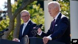 President Joe Biden and Australia's Prime Minister Anthony Albanese hold a news conference in the Rose Garden of the White House in Washington, Oct. 25, 2023.