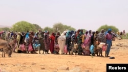 FILE - Sudanese refugees stand in line to receive food aid near the border between Sudan and Chad, in Koufroun, Chad, May 9, 2023.