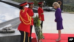 U.S. first lady Jill Biden, right, attends a wreath laying ceremony at Heroes' Acre in Windhoek Namibia, Feb. 22, 2023. Biden is in the country as part of a commitment by President Joe Biden to deepen U.S. engagement with the African continent. 