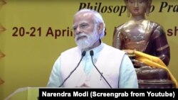 ကမ္ဘာ့ဗုဒ္ဓညီလာခံဖွင့်ပွဲအတွင်း အိန္ဒိယဝန်ကြီးချုပ် Narendra Modi အမှာစကားပြောကြားနေစဉ် (ဧပြီ ၂၀၊ ၂၀၂၃)