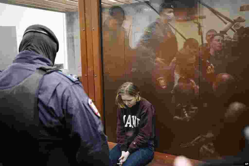 Darya Trepova, a suspect in a bombing at a St. Petersburg cafe that killed a Russian military blogger, attends a court hearing in the Basmanny District Court, in Moscow, Russia.