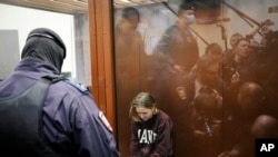 FILE — Darya Trepova, a suspect in a bombing at a St. Petersburg cafe that killed a Russian military blogger, attends a court hearing in the Basmanny District Court, in Moscow, Russia, April 4, 2023. Her trial started on Wednesday.