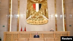 Egyptian President Abdel-Fattah el-Sissi speaks during his swearing-in for his third term in a ceremony at the new Egyptian Parliament building in Cairo, Egypt April 2, 2024. (Egyptian Presidency/Handout via Reuters)