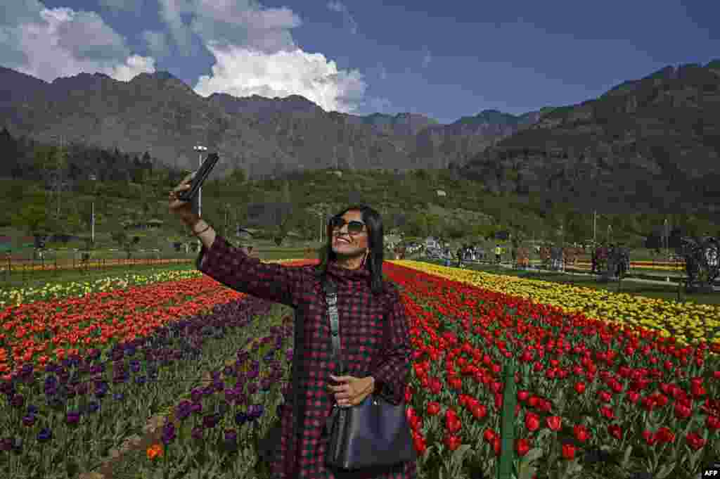 A tourist takes a selfie using a mobile phone at Tulip Garden, claimed to be Asia's largest, in Srinagar, India.