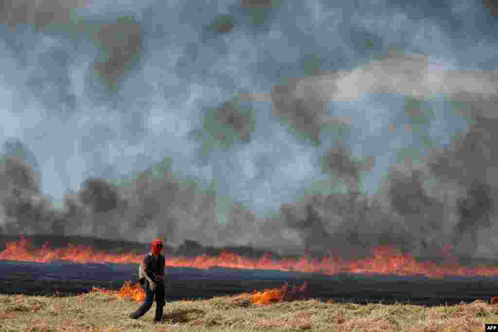 A protester walks past a wildfire started by a police-launched tear gas canister during a march as part of a rally against the construction of giant water reservoir near in Migne-Auxances, western France.