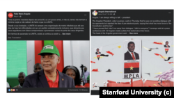 Esq: Artigo da "Fake News Angola" criticando a UNITA e Adalberto Costa Jr. Dir: Artigo detalhando conferência de imprensa de João Lourenço, promovendo governo de unidade e explicando candidatura a 2º mandato.