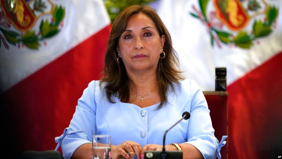 FILE - Peruvian President Dina Boluarte gives a press conference at the government palace in Lima, Peru, Feb. 10, 2023.