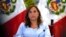 FILE - Peruvian President Dina Boluarte gives a press conference at the government palace in Lima, Peru, Feb. 10, 2023. 