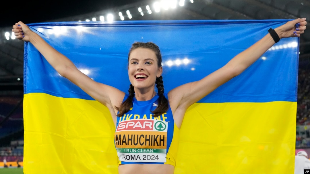 FILE - Yaroslava Mahuchikh of Ukraine smiles after winning the gold medal in the women's high jump final at the European Athletics Championships in Rome on June 9, 2024.