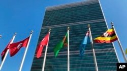 FILE - Flags fly outside the United Nations headquarters during the 74th session of the United Nations General Assembly, Sept. 28, 2019. (AP Photo/Jennifer Peltz, File)