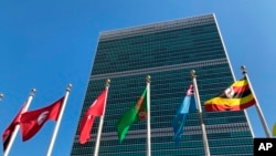 Des drapeaux flottent à l'extérieur du siège des Nations unies pendant la 74e session de l'Assemblée générale des Nations unies, le 28 septembre 2019. AP / Jennifer Peltz