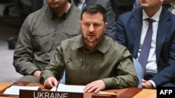 Rais wa Ukraine Volodymyr Zelenskyy akizungumza katika mkutano wa ngazi ya juu wa Baraza la Usalama kuhusu hali ya Ukraine Septemba 20, 2023. Picha na ANGELA WEISS / AFP