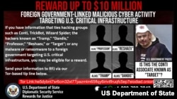 U.S. Department of State Rewards for Justice poster for Russian-linked malicious cyber actors.