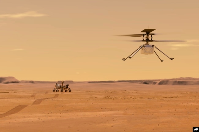 This illustration, made available by NASA, depicts the Ingenuity helicopter on Mars after launching from the Perseverance rover, shown in the background left. (NASA/JPL-Caltech via AP)