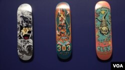 Reimagined skateboards at "Desert Rider: Dreaming in Motion" exhibition