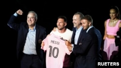 Lionel Messi, présenté lors de l'événement "The Unveil", au stade de l'Inter Miami CF, Miami, le 17 juillet 2023.