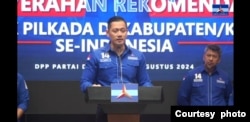 Ketua Umum Partai Demokrat AHY saat menggelar konferensi pers terkait sikap parpol pasca putusan MK di DPP Partai Demokrat. (Foto: Partai Demokrat)