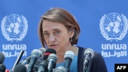 FILE — Lynn Hastings speaks at the United Nations compound in Gaza City, May 23, 2021. Israel has told the UN it will not renew the visa of Hastings, who is the UN's resident and humanitarian coordinator in the Palestinian territories.