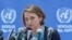 FILE — Lynn Hastings speaks at the United Nations compound in Gaza City, May 23, 2021. Israel has told the UN it will not renew the visa of Hastings, who is the UN's resident and humanitarian coordinator in the Palestinian territories.