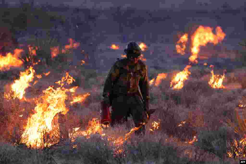 Crane Valley Hotshots set a back fire as the York fire burns in the Mojave National Preserve, July 30, 2023.&nbsp;&nbsp;The York Fire has burned over 70,000 acres, including Joshua trees and yucca in the Mojave National Preserve, and has crossed the state line from California into Nevada.