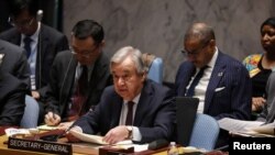 U.N. Secretary-General Antonio Guterres speaks during a U.N. Security Council meeting addressing the humanitarian crisis in the midst of conflict between Israel and Hamas, at U.N. headquarters, Dec. 8, 2023.