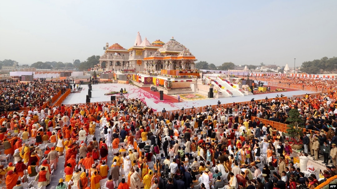 This handout photo taken on Jan. 22, 2024 and released by Indian Press Information Bureau (PIB) shows a general view of the Ram temple in Ayodhya in India's Uttar Pradesh state. 