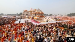 This handout photo taken on Jan. 22, 2024 and released by Indian Press Information Bureau (PIB) shows a general view of the Ram temple in Ayodhya in India's Uttar Pradesh state. 