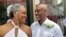 Hazel Seivwright-Carney and her husband, Rohan Carney, smile at one another at New York's Lincoln Center, July 8, 2023. 